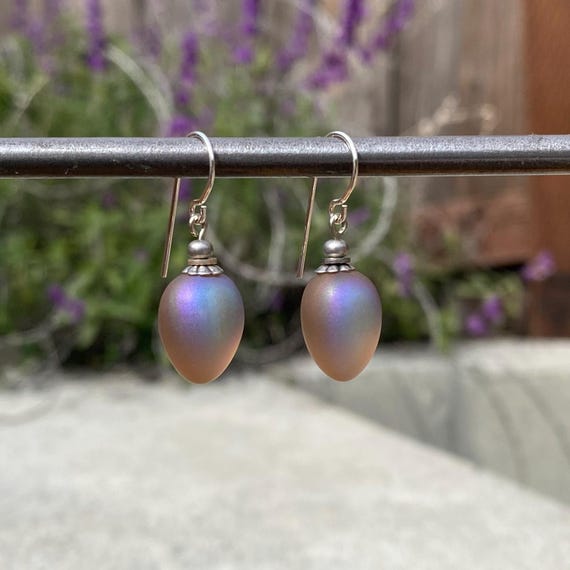 Frosted Iridescent Taupe German Glass Earrings: Sterling Silver Wires
