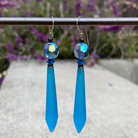 Frosted Blue Glass Earrings, Antique Bright Blue Czech Glass Prisms, Circa 1920s, Vintage Glass, Austrian Crystal Top Beads, "Splash 12"