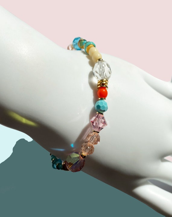 Pastel Crystal Bracelet, Turquoise, Light Amethyst, Peach, Pink and Clear Austrian Crystal, Czech Glass, Gold Bracelet, "Miami Beach"