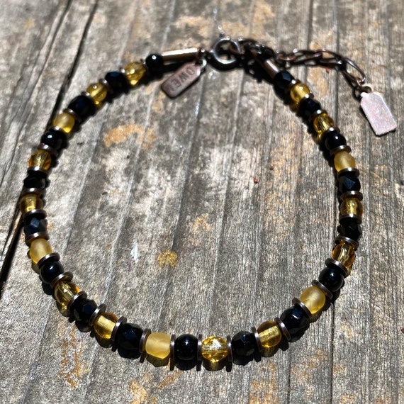 Jet and Golden Yellow Beaded Bracelet, Austrian Crystal, Antique Czech Glass, Antiqued Bronze Accents, Stacking Bracelet, "Goldfinch"