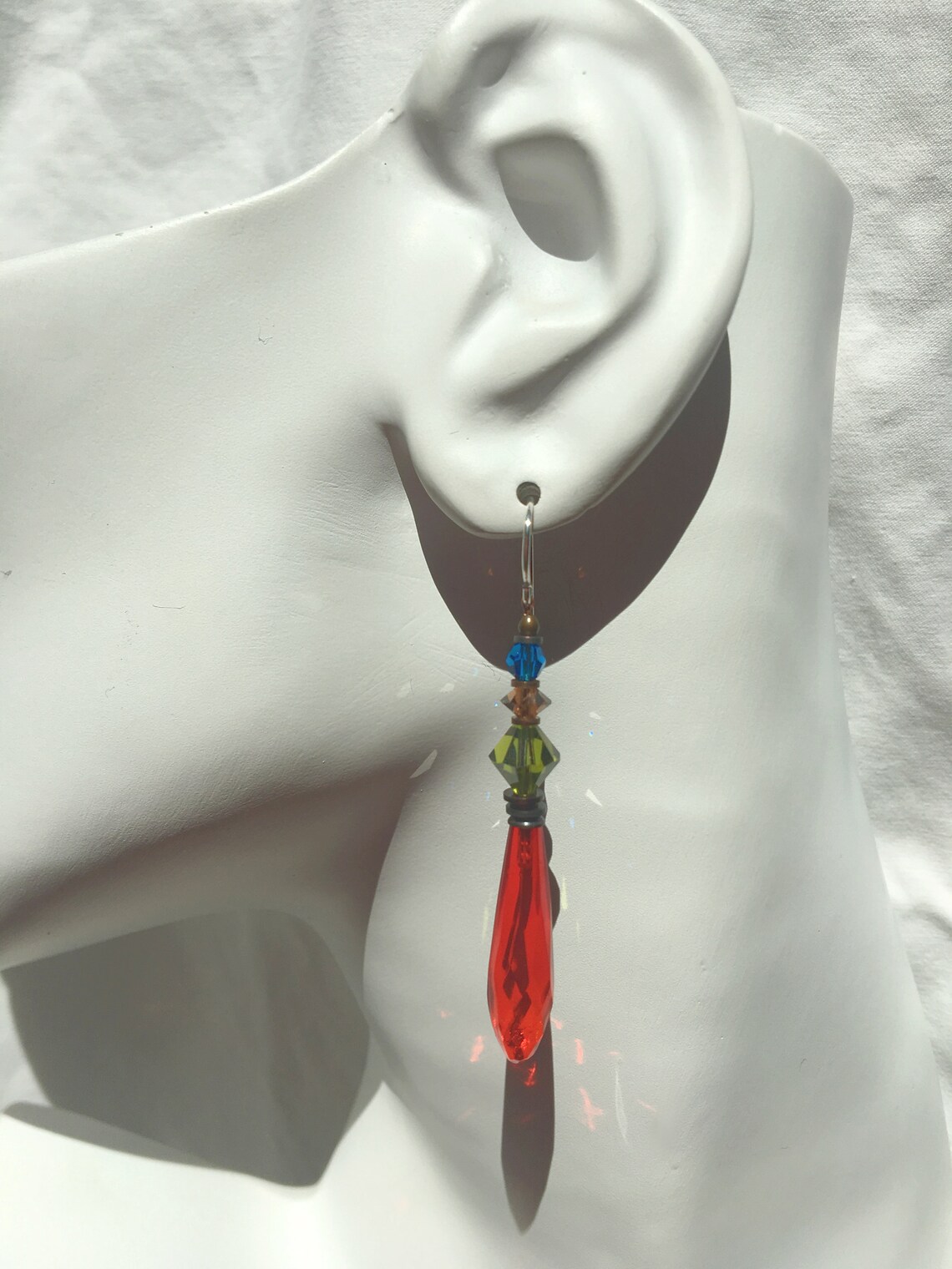 Bright Orange Chandelier Earrings, Austrian Crystal Accents in Olivine, Smoke Topaz and Capri