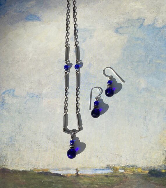 Cobalt Glass Necklace and Earrings Set: Art Deco Czech Glass, Sterling Silver