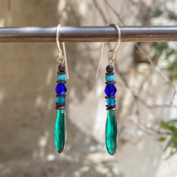 Teal Prism Earrings, Rare Antique Czech Glass Prisms, Czech Glass Accents in Shades of Blue, Bronze Accents, "Petites 3"