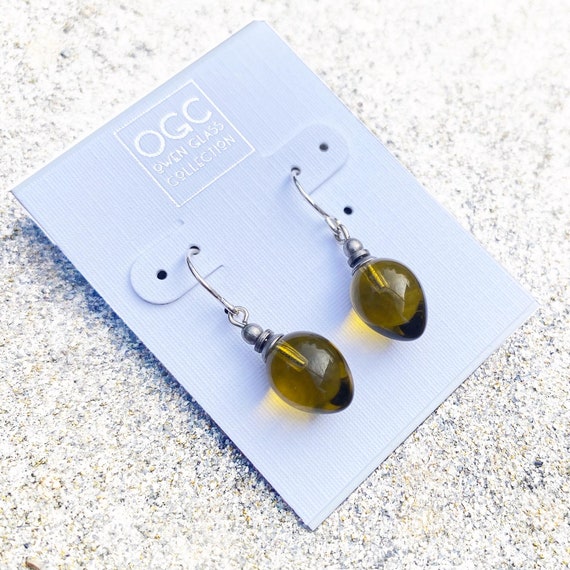 Olive Green Earrings, German Glass, Green Drop Dainty Earrings, Handmade Earrings, Mini Berries 24