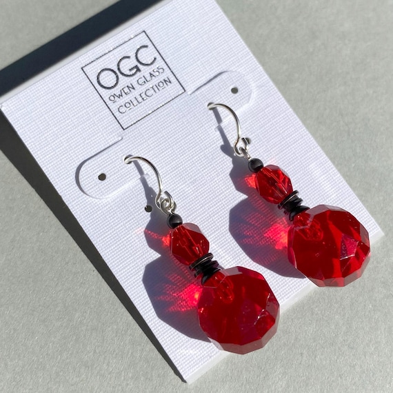 Red Glass Earrings, Antique Czech Glass Drops, Rare Art Deco Glass, Handmade Dangle Earrings, Bronze Accents, 1920s Glass, "Siam Sparks"