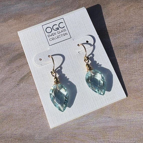 Aquamarine Faceted German Glass Dangle Earrings: Gold Trim