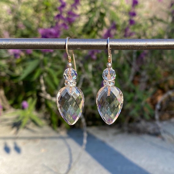 Clear Glass Earrings, German Glass Drops with Crystal Rhinestones, Austrian Crystal Top Beads, Silver Trim, "Icicles"