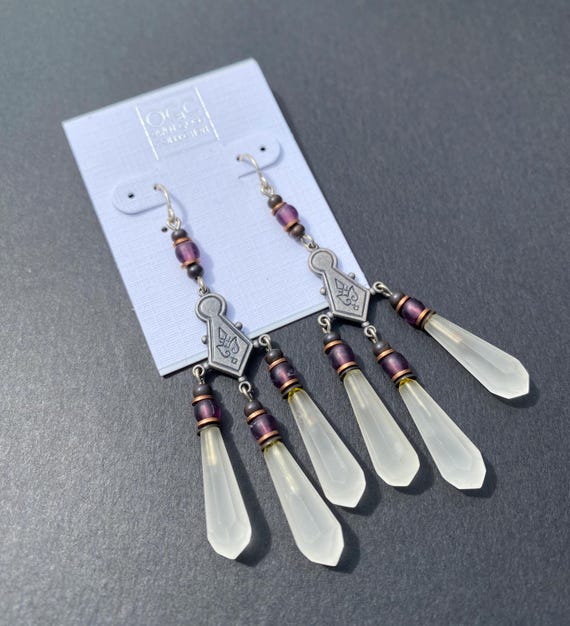 Frosted White Chandelier Earrings, Frosted Antique Czech Glass White Prisms, Frosted Amethyst Czech Glass, Antiqued Filigree, "Style 43"