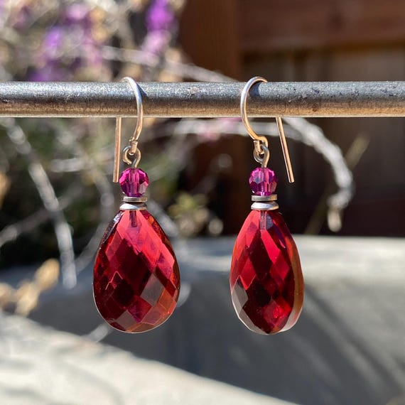 Pink Earrings, Dark Rose German Glass Drops with Fuchsia Austrian Crystal Top Beads, Silver Trim, Handmade Earrings, "High Street 17"