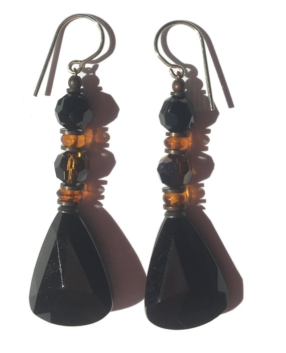 Jet Drop Earrings in German and Czechoslovakian Glass with Austrian Crystal, Topaz Accents with Antiqued Bronze, Art Deco, "Style 49"