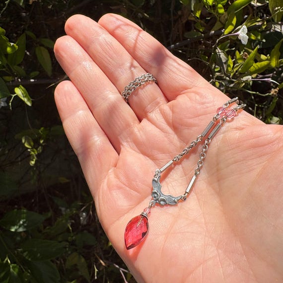 Pink Glass Pendant Necklace: Antiqued Silver Filigree, Austrian Crystal, Handmade