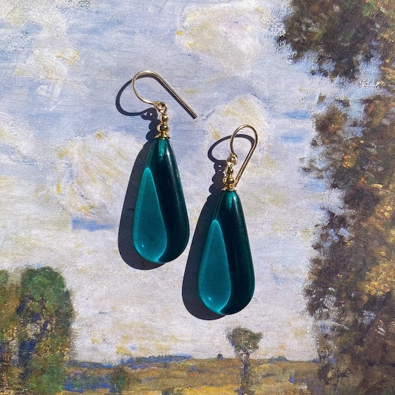Teal Glass Earrings, Sea Green German Glass Drop Earrings, Clear Jade Green Glass with Gold Accents, "Lights 19"