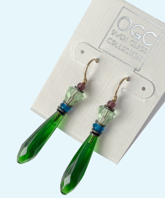 Emerald Green Prism Earrings, German Glass with Peridot Antique Czech Glass, Amethyst and Turquoise Czech Glass Accents, Style 162