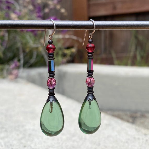 Tourmaline Green Glass Earrings, German Glass Drops with Pink and Iridescent Austrian Crystal, Czech Glass Top Beads, Bronze Accents, "310"