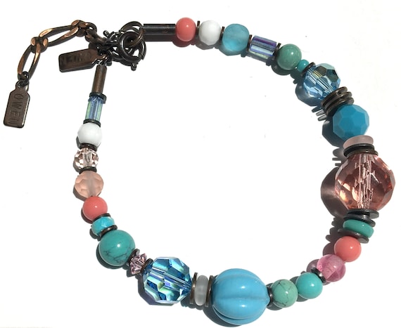 Turquoise and Aqua Bracelet, Austrian Crystal and Czech Glass, Pale Pink & Peach Glass with Bronze Accents, "Splash 5"