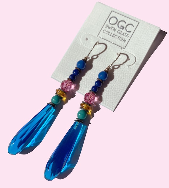 Turquoise Prism Earrings, Blue Chandelier Earrings, Pink Austrian Crystal, Czech Glass Accents, Antiqued Bronze, Art Deco, "Paris Express"