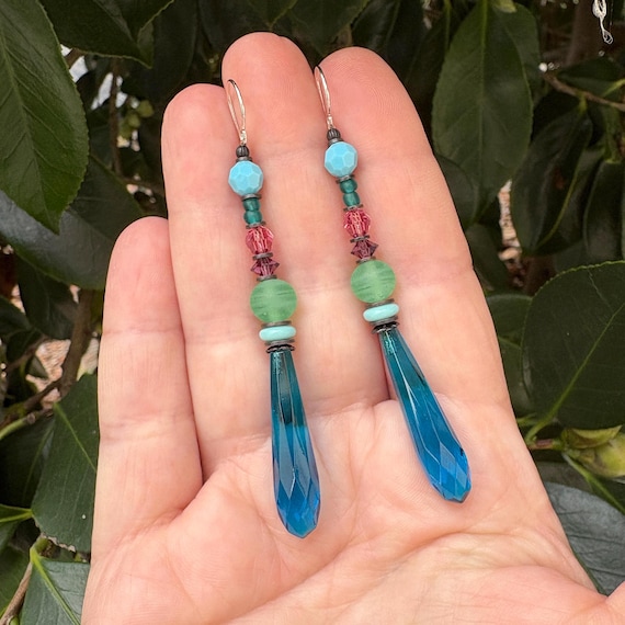 Turquoise Glass Chandelier Earrings, Crystal, Bronze, Deco
