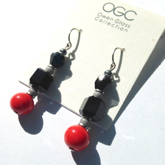 Orange Bright Coral and Jet and Gray Antique Czech and Japanese Glass Art Deco Drop Earrings, "Fauna 6"
