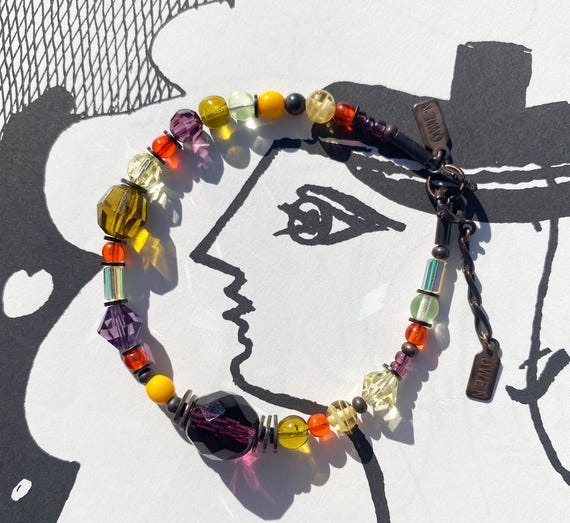 Amethyst and Yellow Beaded Bracelet, Austrian Crystal and Czech Glass in Shades of Purple, Yellow and Orange, Bronze Accents, "Style 355"