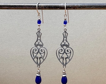 Cobalt Antique Czech Glass Earrings, Art Deco, Silver Filigree
