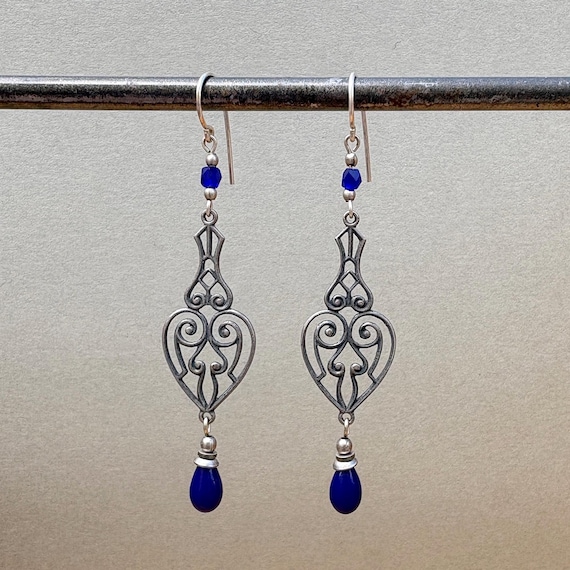 Cobalt Antique Czech Glass Earrings, Art Deco, Silver Filigree
