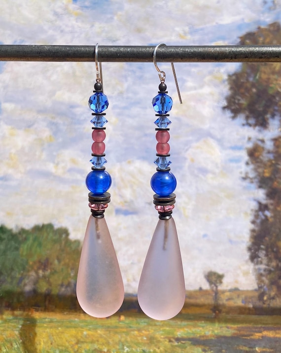 Frosted Pink and Sapphire Glass Earrings, Blue and Pink Glass and Crystal Dangle Earrings, Bronze Accents, "Sky Patrol"