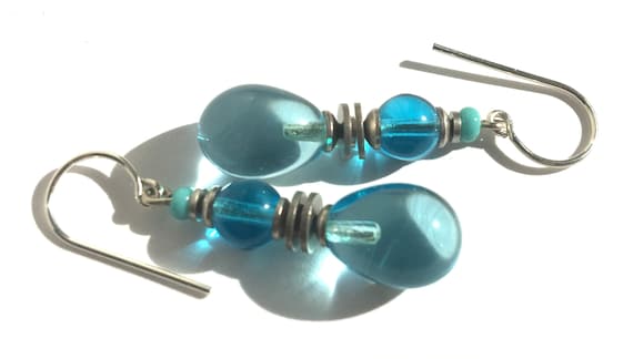 Aquamarine Glass Drop Earrings: Sterling Silver, Czech & German Glass