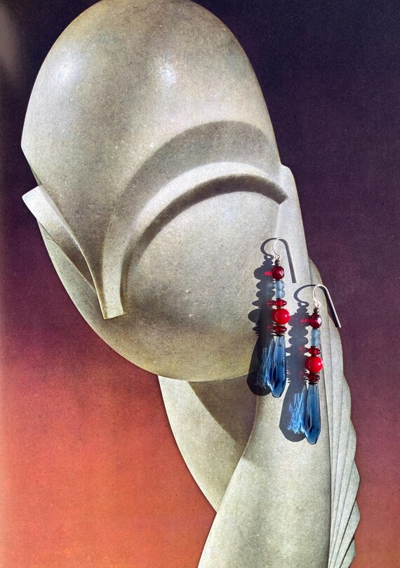 Indigo Blue Earrings, German Glass Prisms, Chandelier Earrings in Blue and Red, Frosted Czech Glass Accents, Antiqued Bronze, "Style 371"