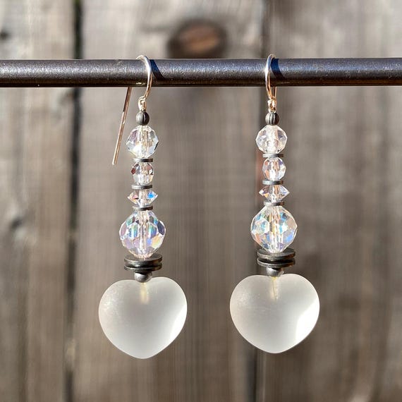 Frosted White Heart Earrings, Dangle Earrings with Iridescent Austrian Crystal, Style 391