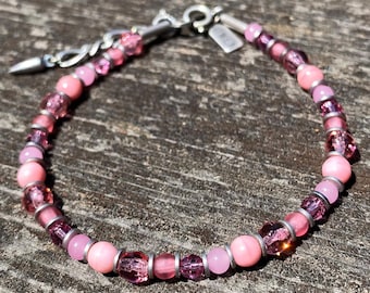 Pink Crystal Stacking Bracelet: Czech Glass, Austrian Crystal, Bronze