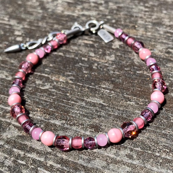 Pink Crystal Stacking Bracelet: Czech Glass, Austrian Crystal, Bronze