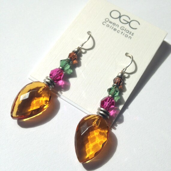 Topaz Earrings, Orange German Glass with Fuchsia, Tourmaline Green and Smoke Topaz Austrian Crystal, Art Deco Earrings, "Style 457"