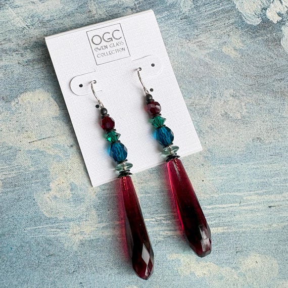 Garnet Glass Chandelier Earrings; German Glass, Austrian Crystal, Art Deco