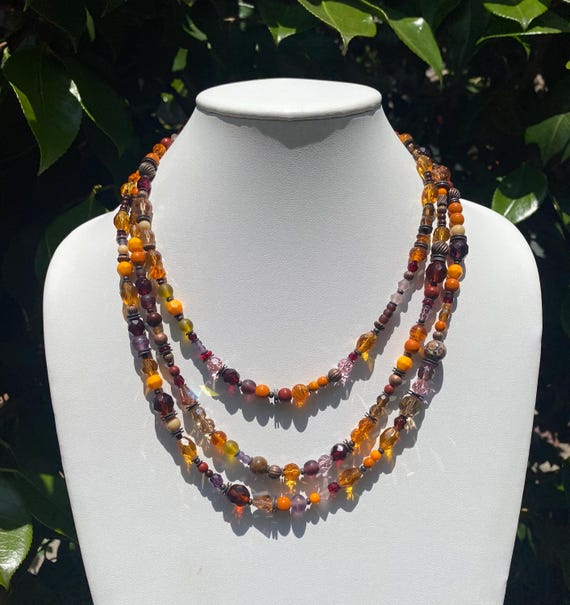63 Inch Beaded Necklace, Art Deco Glass and Crystal, Topaz, Amethyst and Yellow Austrian Crystal and Czech Glass, "Born to Rule"
