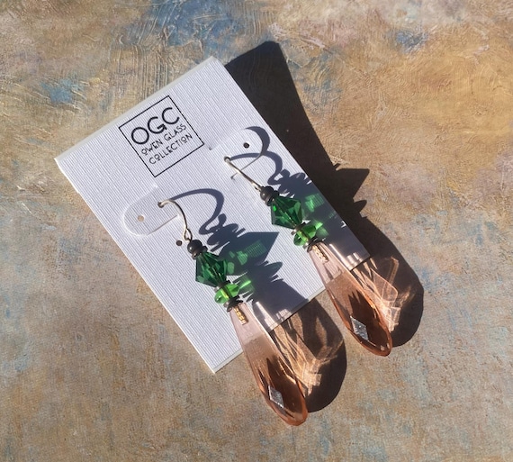 Peach Prism Chandelier Earrings; Green Czech Glass and Austrian Crystal Accents