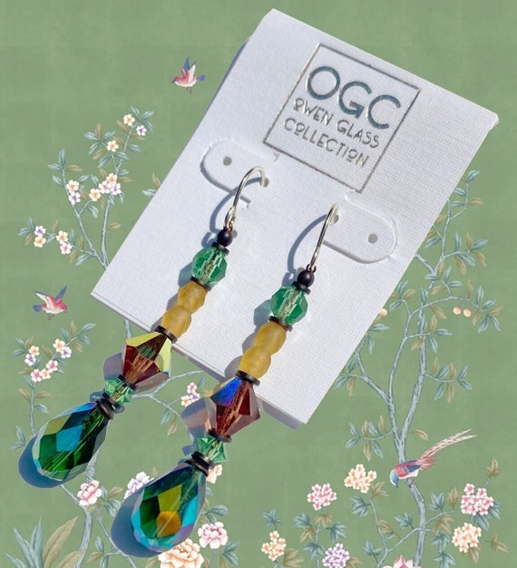 Iridescent Tourmaline Green Earrings, Austrian Crystal in Peridot, Czech Glass in Frosted Yellow, Peridot Top beads, Bronze, Art Deco, "494"