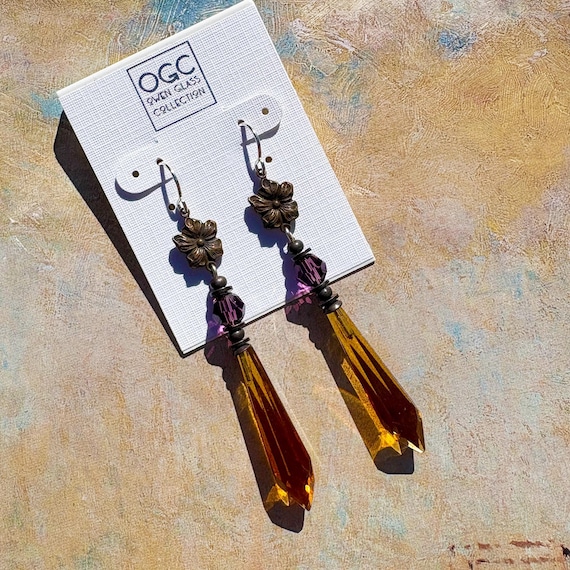 Antique Czech Glass Topaz Earrings, Amethyst Crystal, Sterling Silver