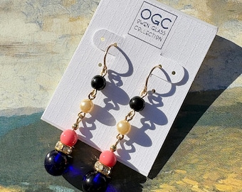 Cobalt Glass and Pearl Dangle Earrings, Gold Trim, Art Deco, Handmade