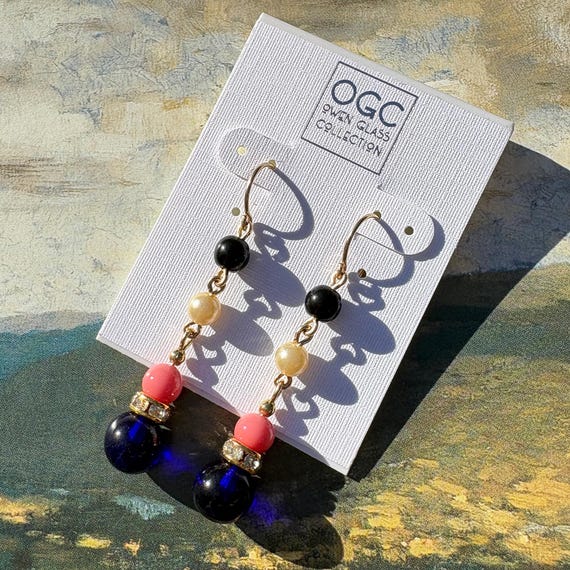 Cobalt Glass and Pearl Dangle Earrings, Gold Trim, Art Deco, Handmade