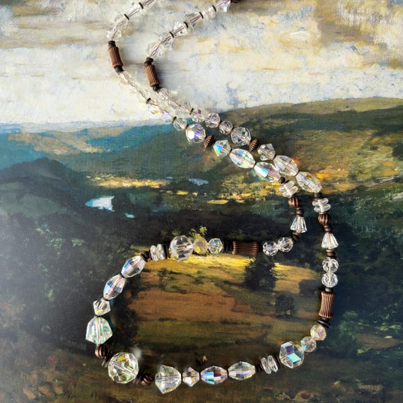 24 Inch Crystal Necklace: Czech Glass, Bronze, Art Deco, Vintage