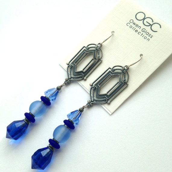 Sapphire Earrings, Antique Czech Sapphire Drop Art Deco Earrings, Cobalt Czech Glass, Light Sapphire Crystal, Style 120