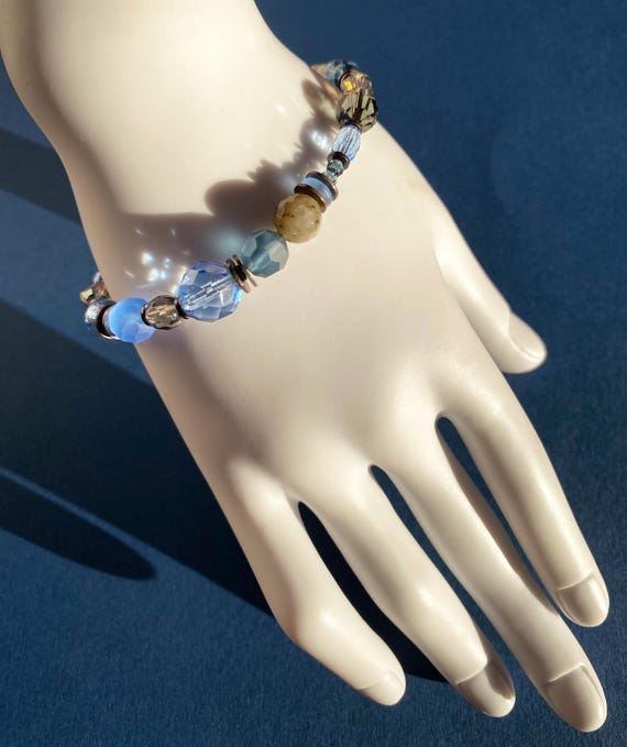Frosted Indigo Crystal Bracelet, Shades of Sapphire Austrian Crystal & Czech Glass Beaded Bracelet, Labradorite, Bronze, "Moonlit Indigo"