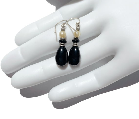 Jet Glass Earrings, Pearl Coated Glass Focal Beads, Czechoslovakian Jet Accents, Sterling Silver Ear Wires, Art Deco, "Raindrops 7"