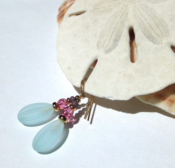 Frosted Aquamarine Earrings, Aqua Glass Drops, Pink Austrian Crystal, Purple Czech Beads, Gold Earrings, Pink and Blue, Pastel, "Style 871"