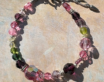 Pink Crystal Beaded Bracelet; Art Deco Czech Glass, Amethyst, Bronze, Handmade