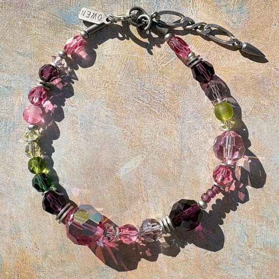 Pink Crystal Beaded Bracelet; Art Deco Czech Glass, Amethyst, Bronze, Handmade