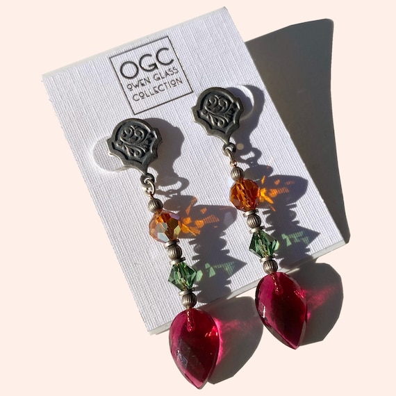 Pink Post Earrings: Silver Dipped Filigree, Austrian Crystal in Green and Iridescent Orange