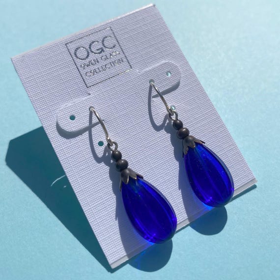 Cobalt Earrings, Fluted Blue German Glass Drops, Antiqued Bronze Accents, Silver Wires, Handmade Dangle Earrings, "Seedpods 28"