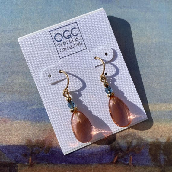 Peach Glass and Gold Earrings: Indigo Crystal, German Glass