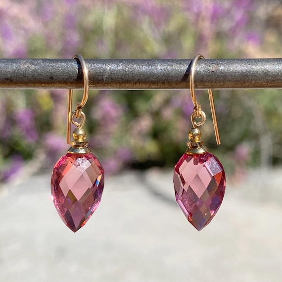 Pink Glass Earrings, Finely Faceted German Glass Dangle Earrings, Rose Pink, Gold Trim, Handmade, Rare Glass, "Harlequin 3"
